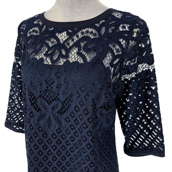 Loft Dress Petites 8P Navy Blue Lace Lined Shift Evening Wedding Formal New - Picture 9 of 14
